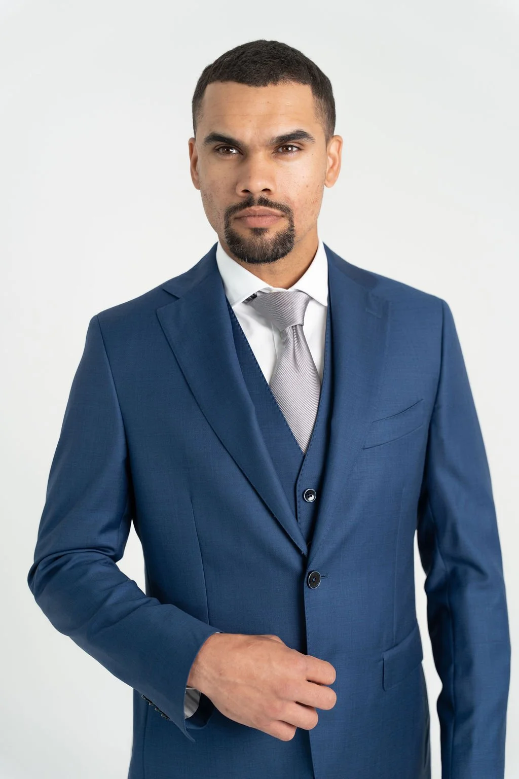Close-up of Calvaresi blue suit separate crafted from Vitale Barberis Canonico Super 110's wool