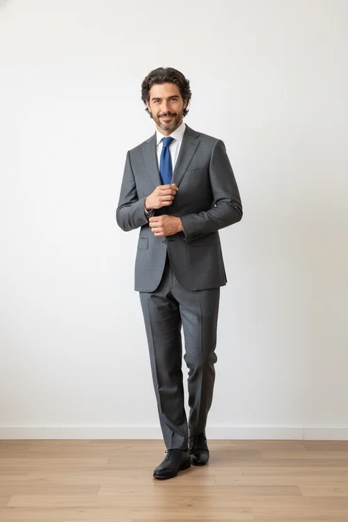 Calvaresi medium grey suit separate made from Vitale Barberis Canonico wool with modern tailored silhouette