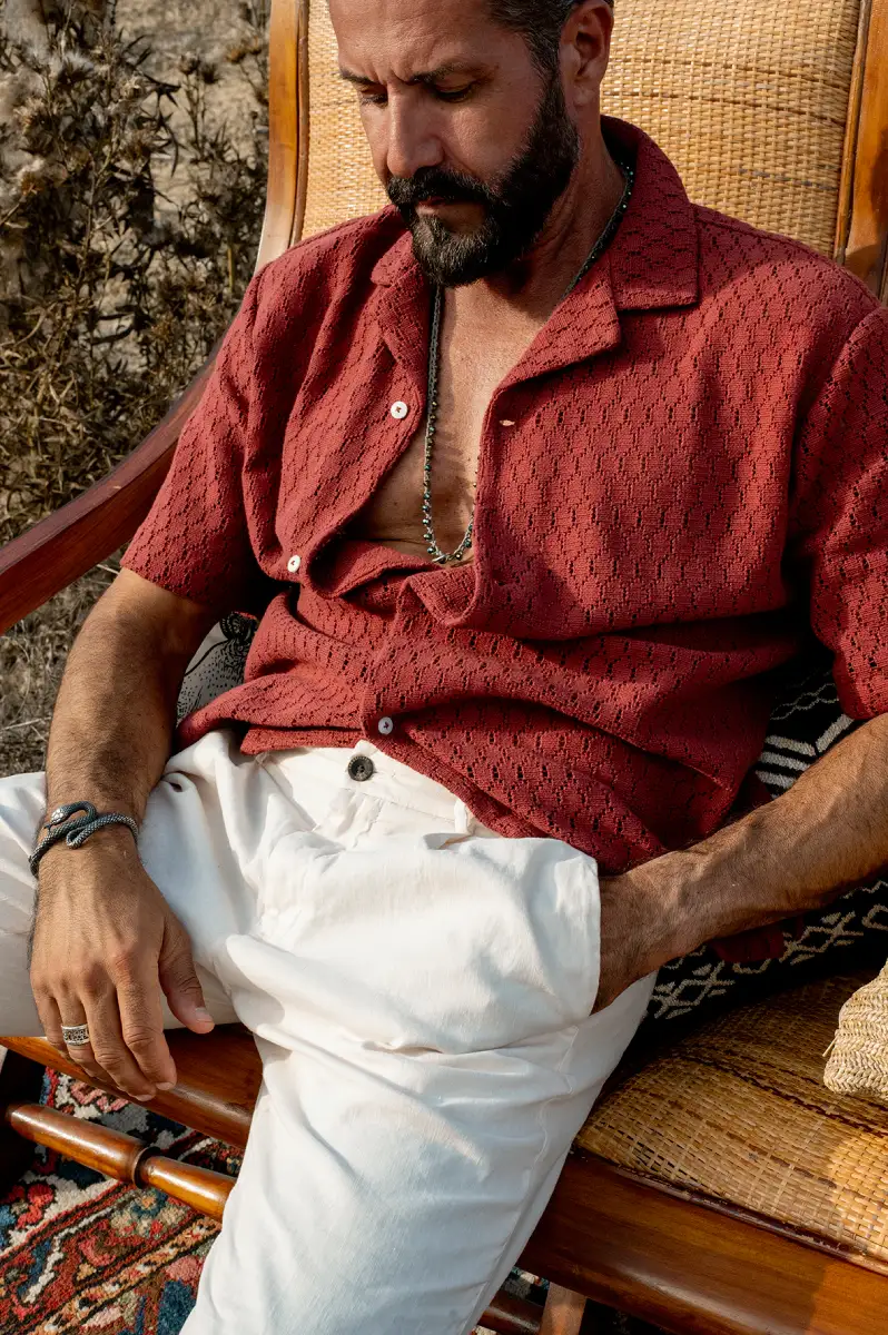 Camouflage rust short sleeve knit shirt with contemporary Italian styling