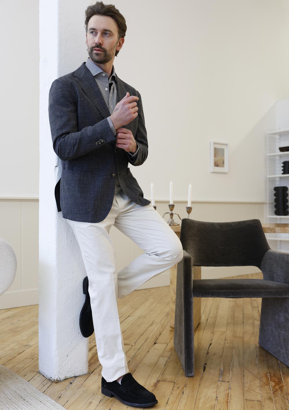 Olliver Grey navy blazer styled with white trousers