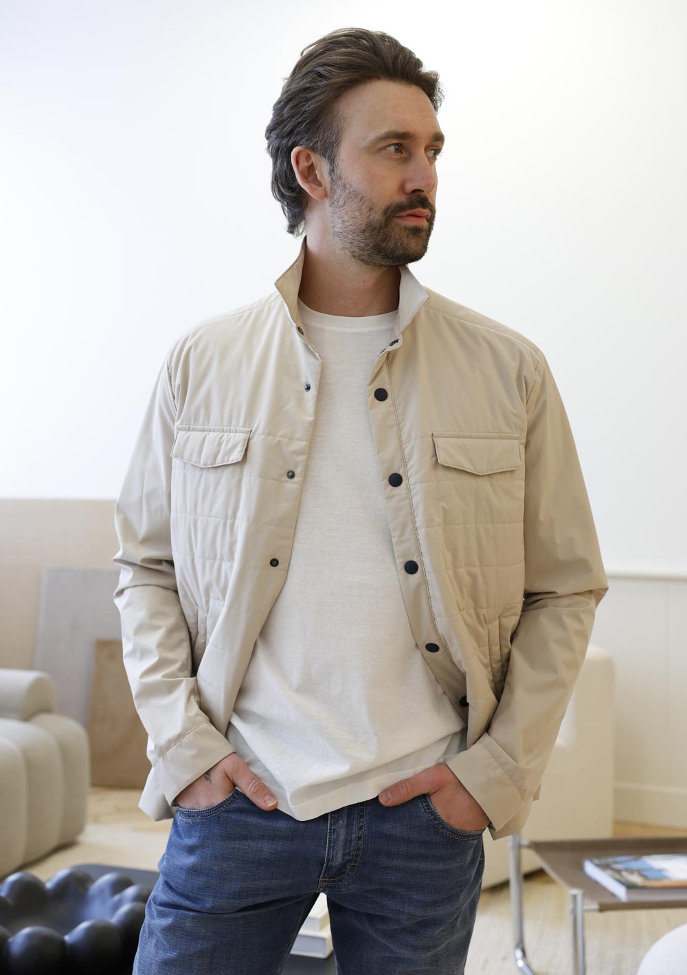 Olliver Grey beige overshirt jacket styled with knitwear and denim