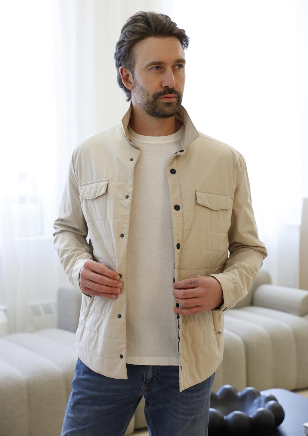 Olliver Grey olive field jacket layered with scarf and casual separates