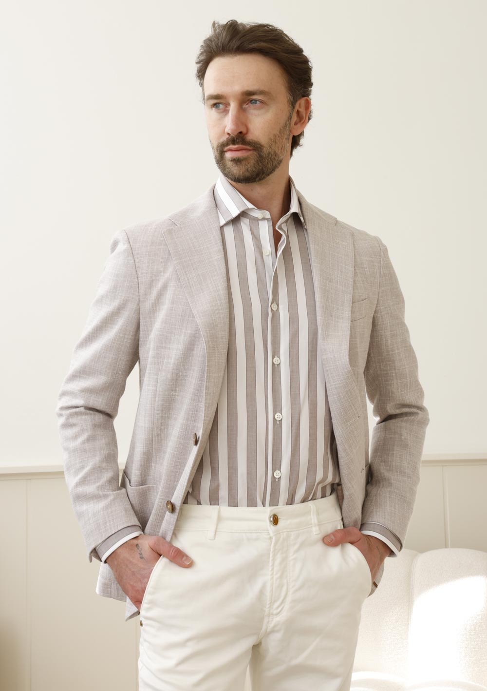 Olliver Grey beige striped casual shirt with relaxed tailoring