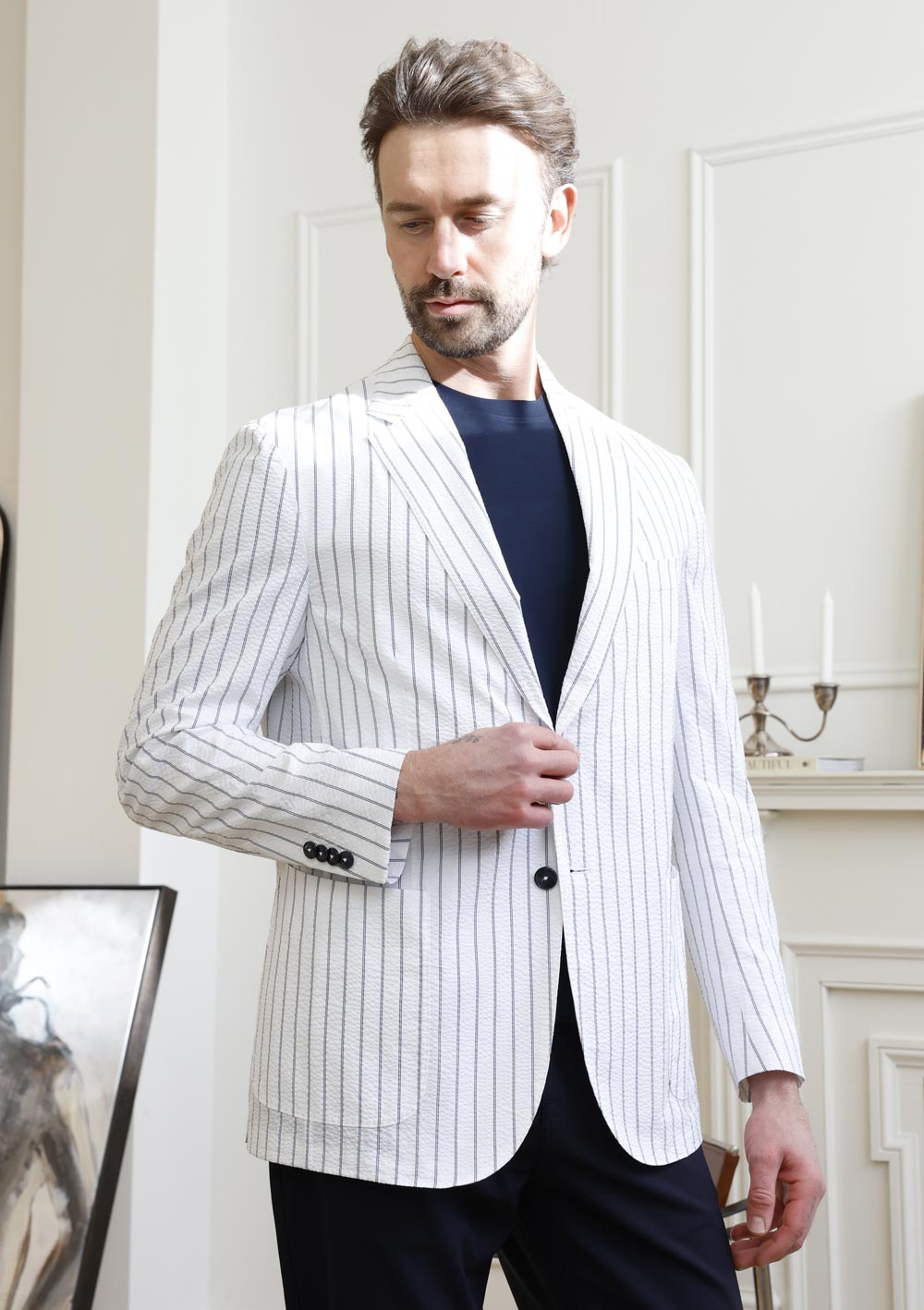 Olliver Grey white pinstripe dinner jacket with navy shirt