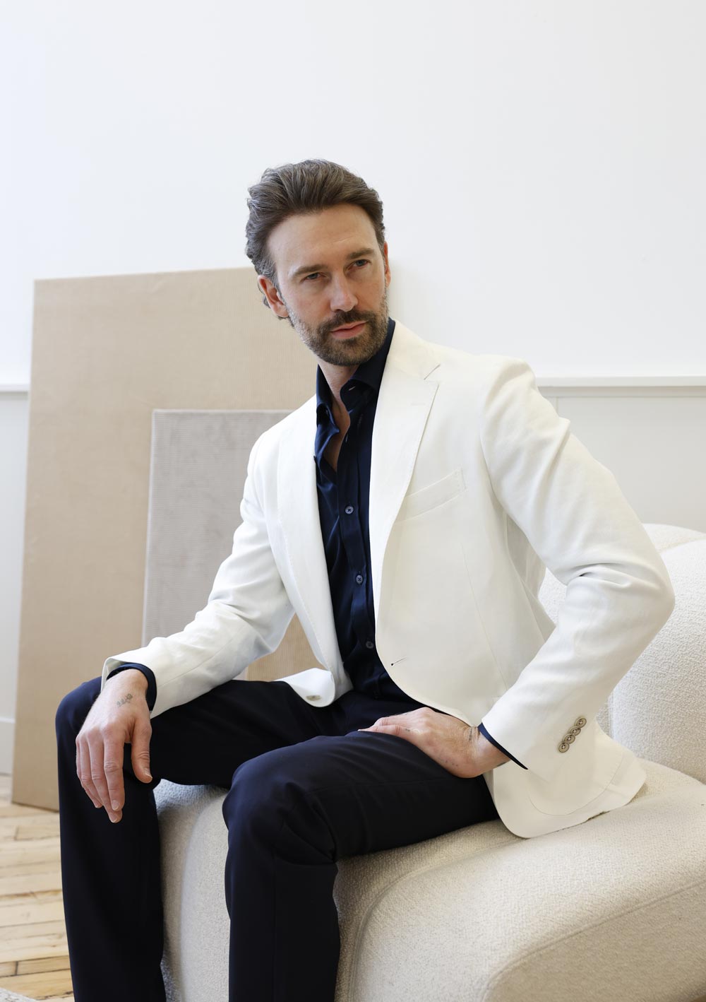 Olliver Grey ivory dinner jacket styled with navy shirt and trousers