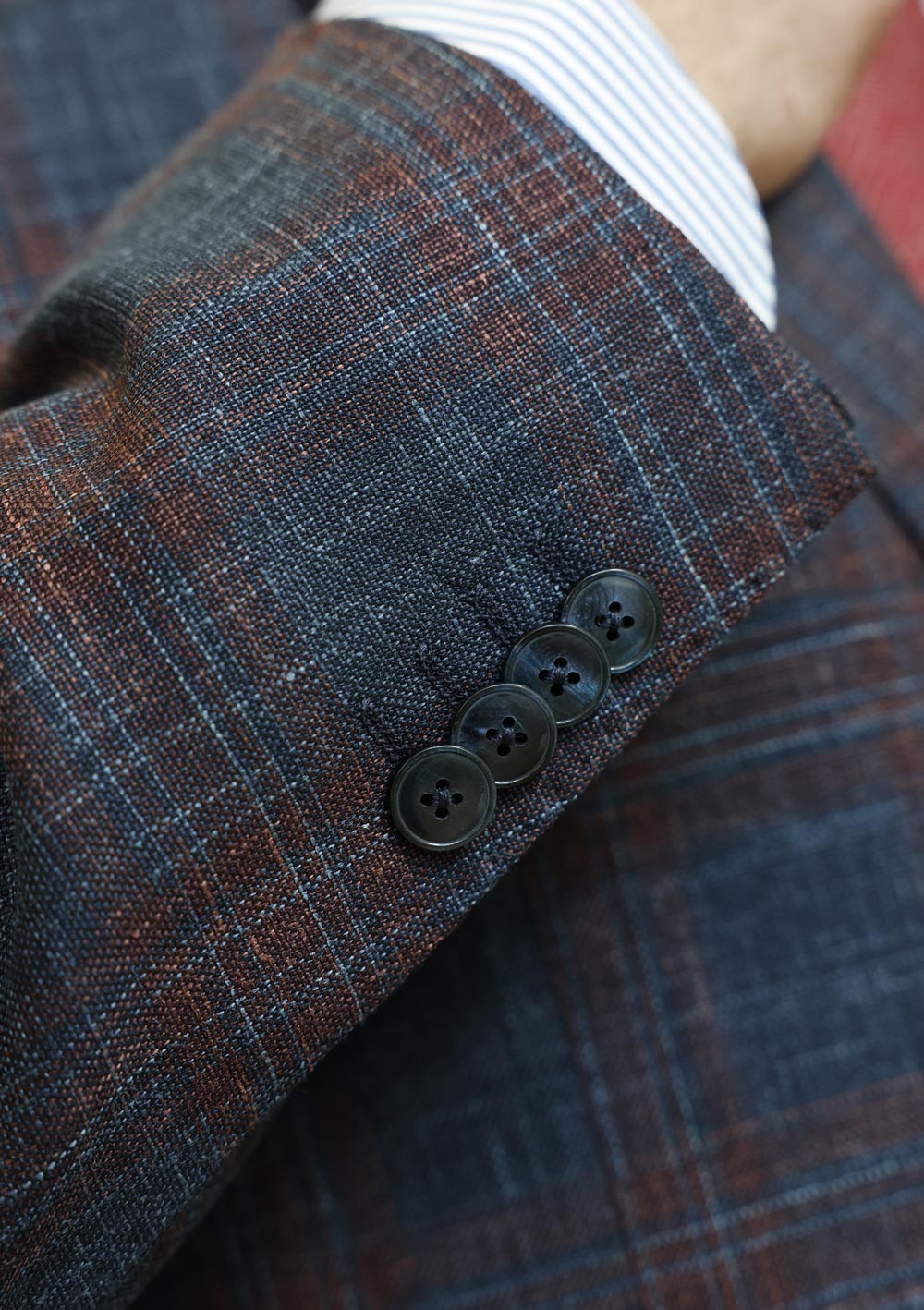 Close-up of Olliver Grey plaid sport coat fabric and button detail