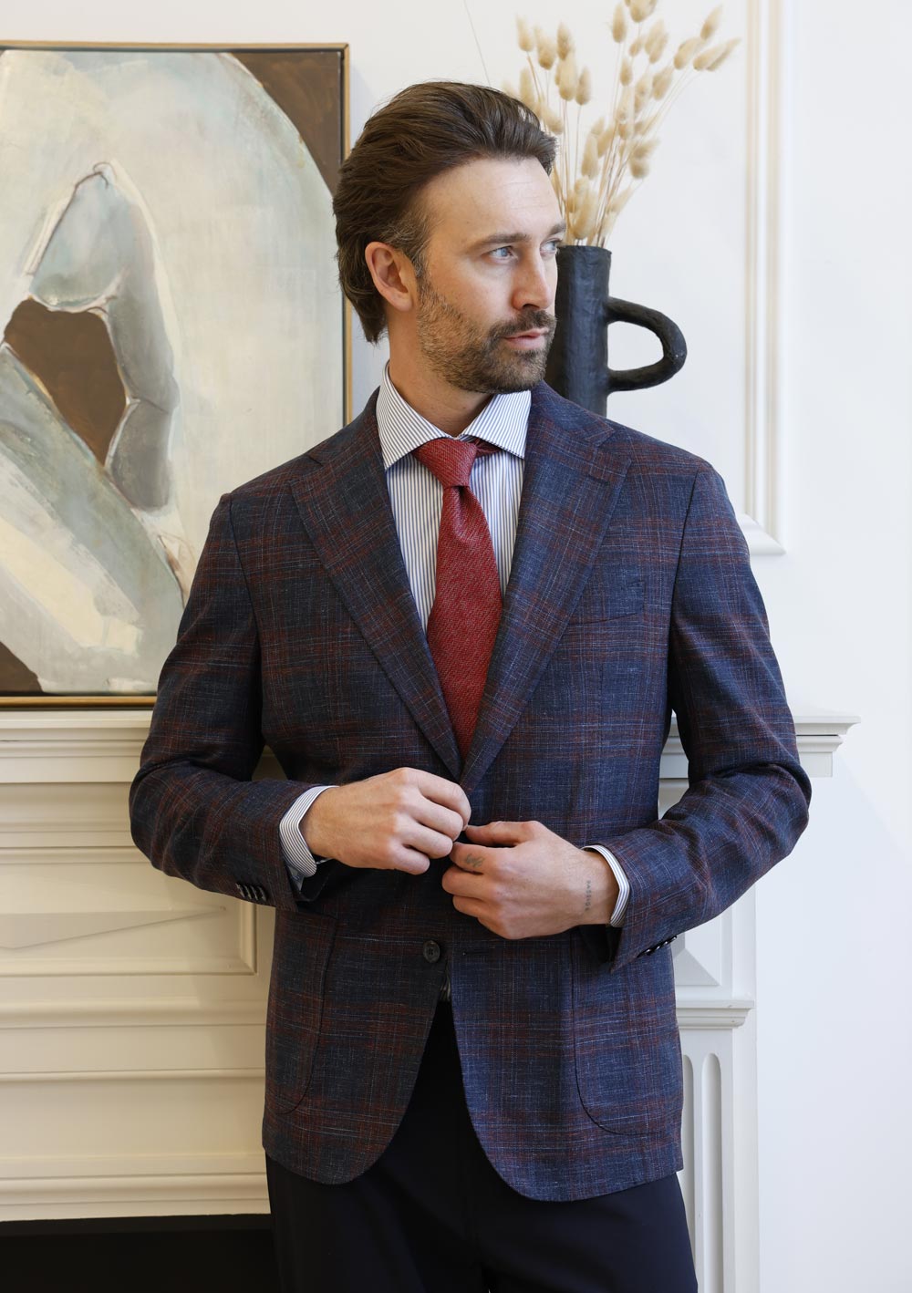 Olliver Grey blue plaid sport coat with red tie and tailored fit