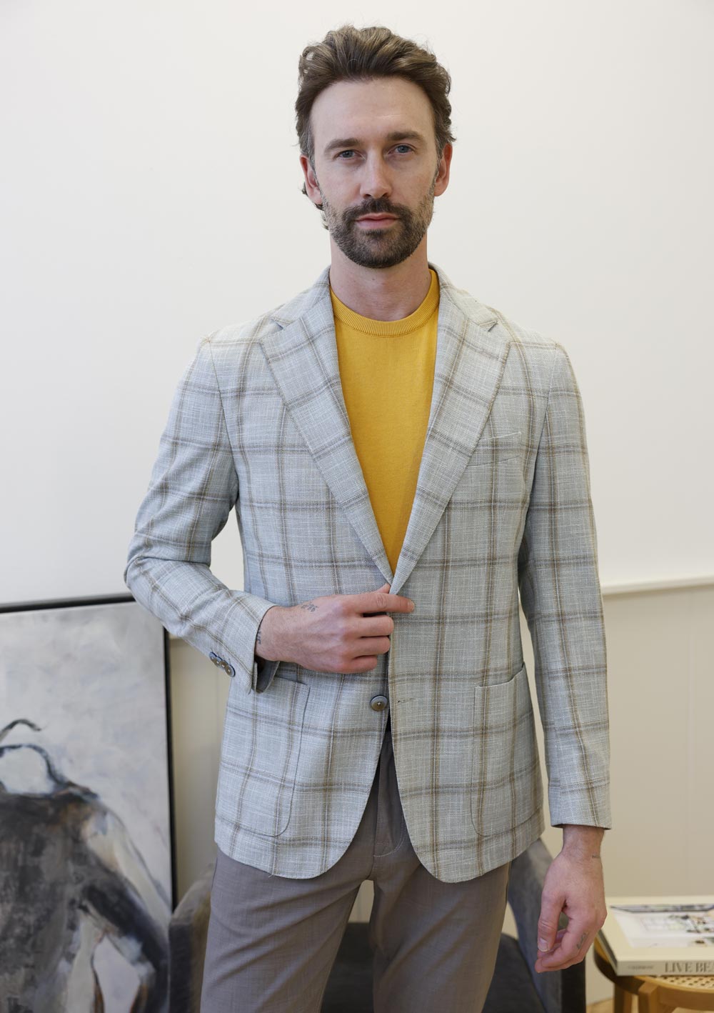 Olliver Grey windowpane sport coat with mustard knit shirt