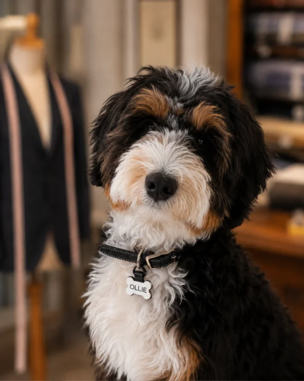 An image of a Dog, Ollie Greco, posing in front fabrics.